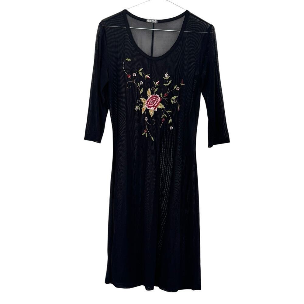 HEART MOON STAR Sheer Mesh Floral Embroidered Beach Coverup Dress 3/4 Sleeve S - Picture 2 of 9